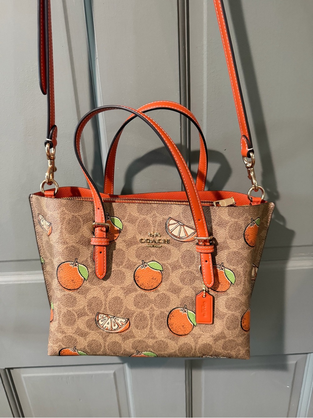 Coach Brown Signature Crossbody Tote with Orange Print